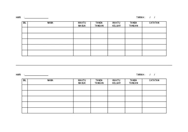 Bil nama waktu tanda waktu tanda catatan masuk tangan keluar tangan. Borang Kehadiran Pekerja Pdf