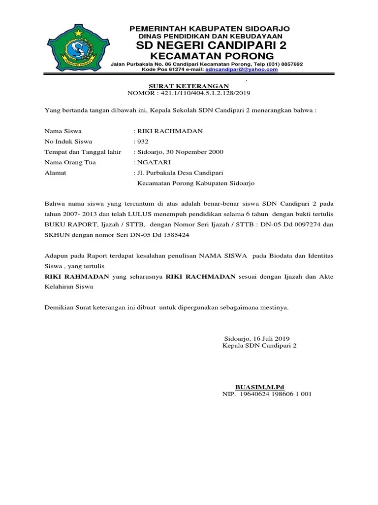 Viral dindik enggan tanggung jawab jika siswa tertular covid 19 saat kbm suara banten. Surat Keterangan Salah Penulisan Raport Pdf