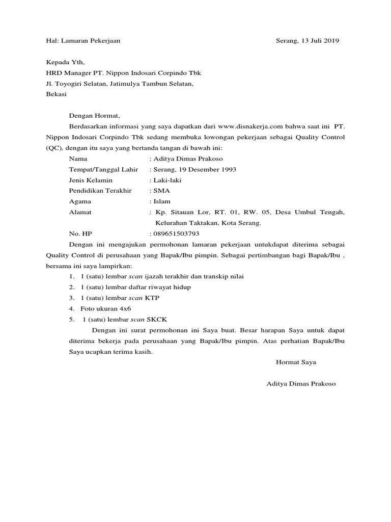 15 contoh surat lamaran pekerjaan surakarta, 7 januari 2011 yth. Lamaran Sariroti Pdf