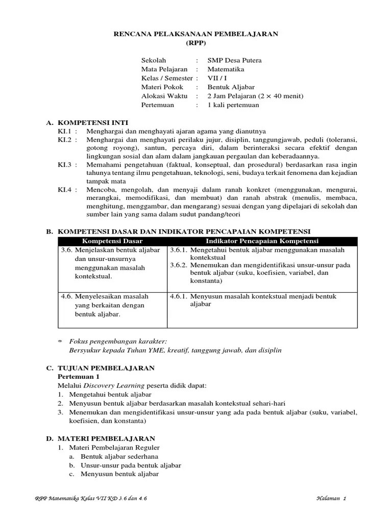 Pembelajaran matematika secara konvensional untuk materi operasi aljabar. Rpp Kd 3 6 Dan 4 6 Bentuk Aljabar Pdf