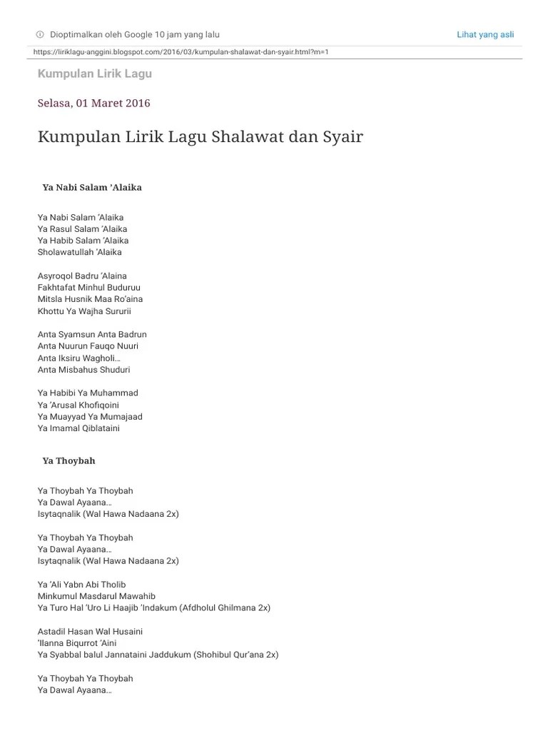 Lirik Ya Rasulullah Salamun Alaik Ya Rofi Asyani Waddaroji – Belajar