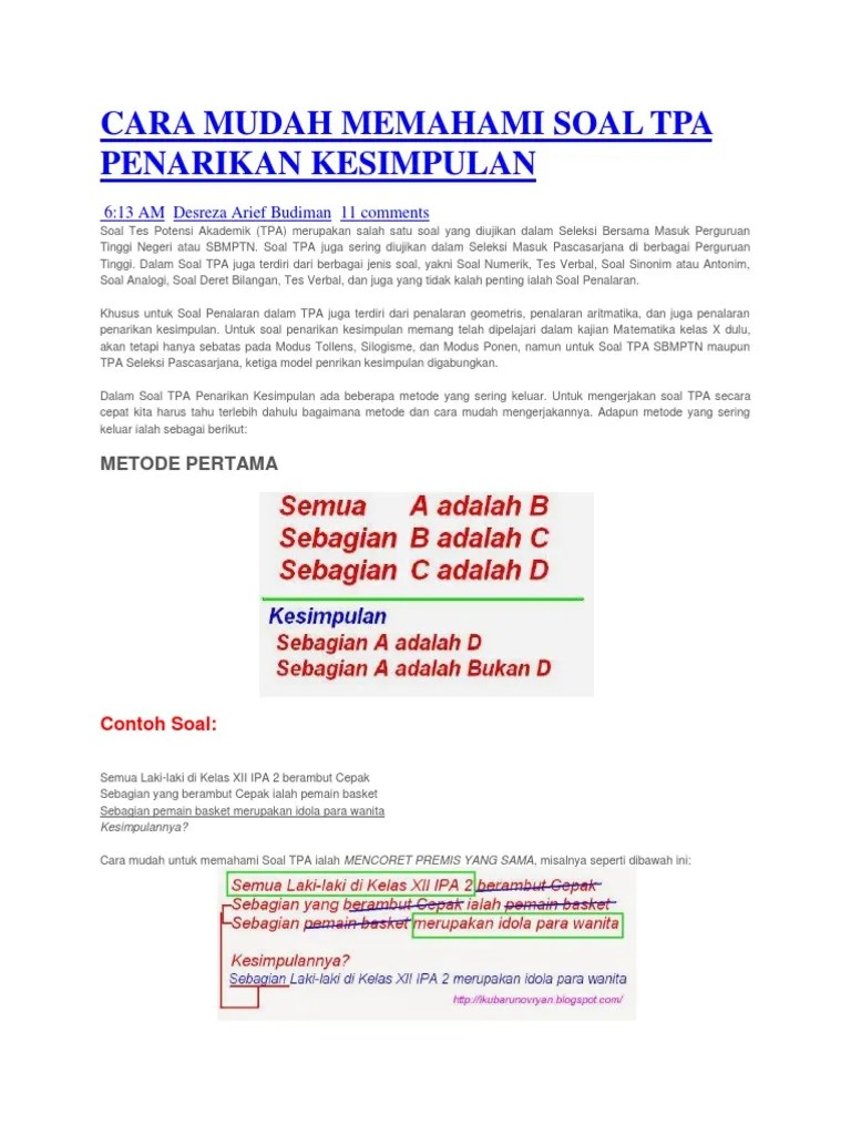 Tpa yang mempunyai kepanjangan tes potensi akademik adalah sebuah tes yang bertujuan untuk mengetahui bakat dan kemampuan seseorang di bidang keilmuan (akademik) . Soal Tpa Pdf