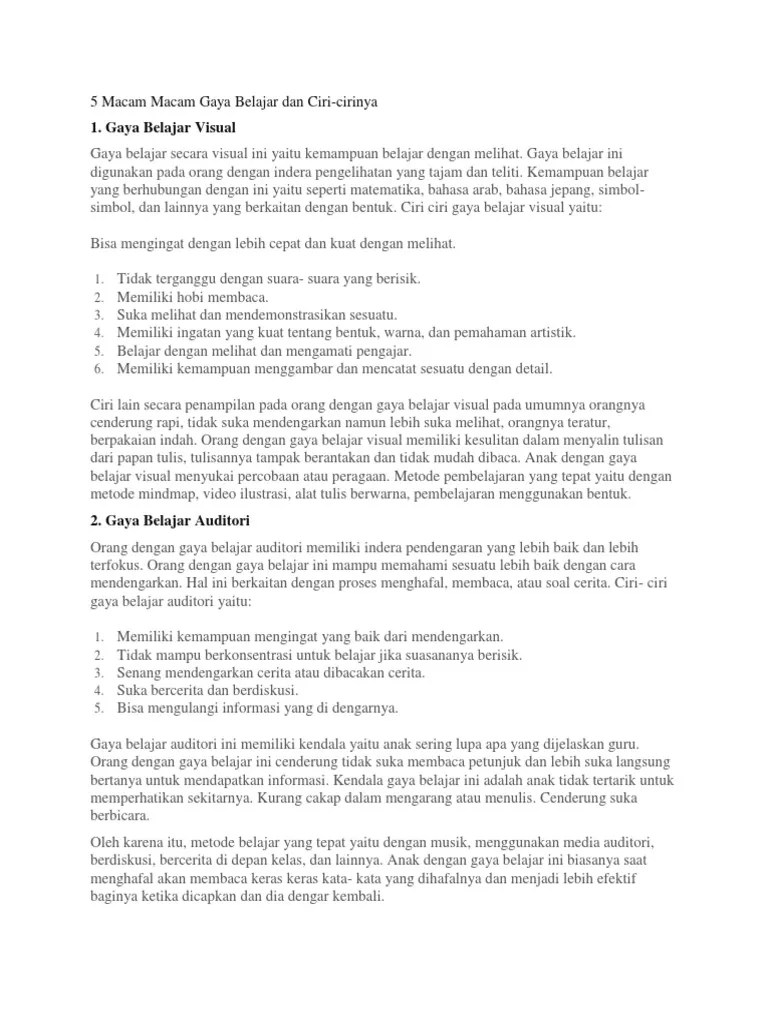 5 Macam Macam Gaya Belajar Dan Ciri | PDF