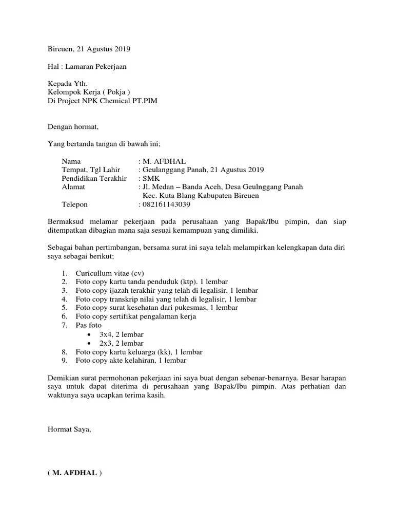Pas foto terbaru ukuran 3×4 2 lembar; Contoh Surat Lamaran Kerja Umum 1 Pdf