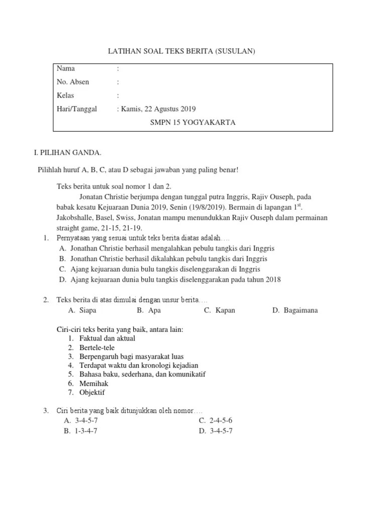 Soal Struktur Teks Berita Beserta Jawabannya