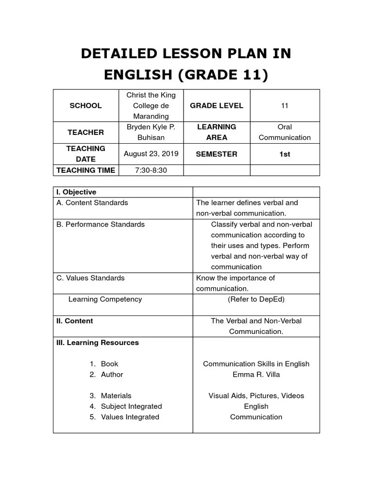 detailed lesson plan in english grade 7 nonverbal communication
