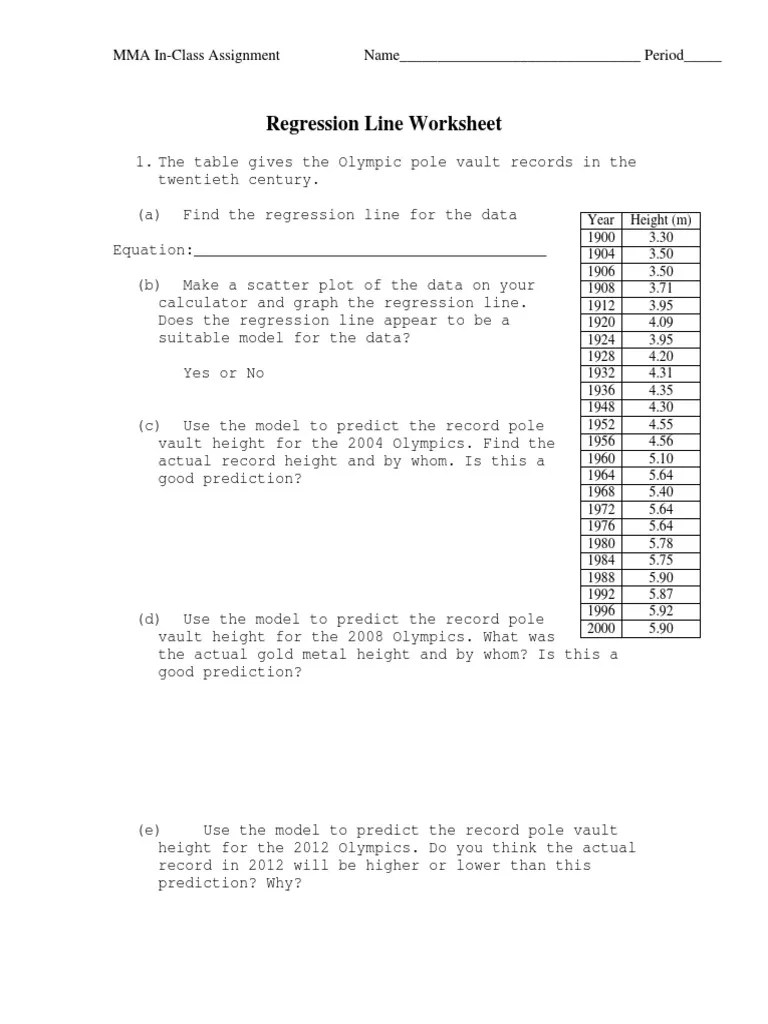 Using a graphing calculator, determine an equation for the line of best fit for each set of data. Linear Regression Stat Edit Worksheet Pdf Regression Analysis Linear Regression