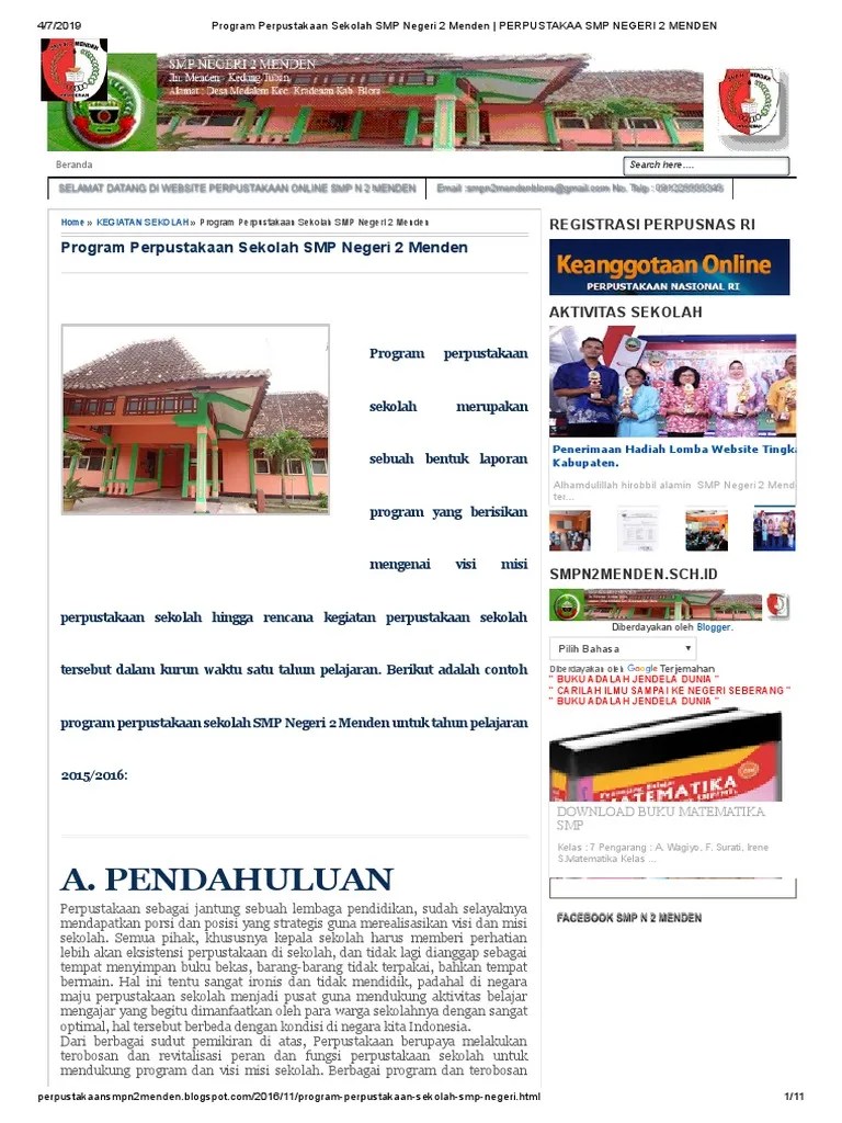 Tanpa program kerja tiada arti semua kegiatan yang akan dilaksanakan dalam 1 tahun pelajaran,. Program Perpustakaan Sekolah Smp Negeri 2 Menden Perpustakaa Smp Negeri 2 Menden Pdf