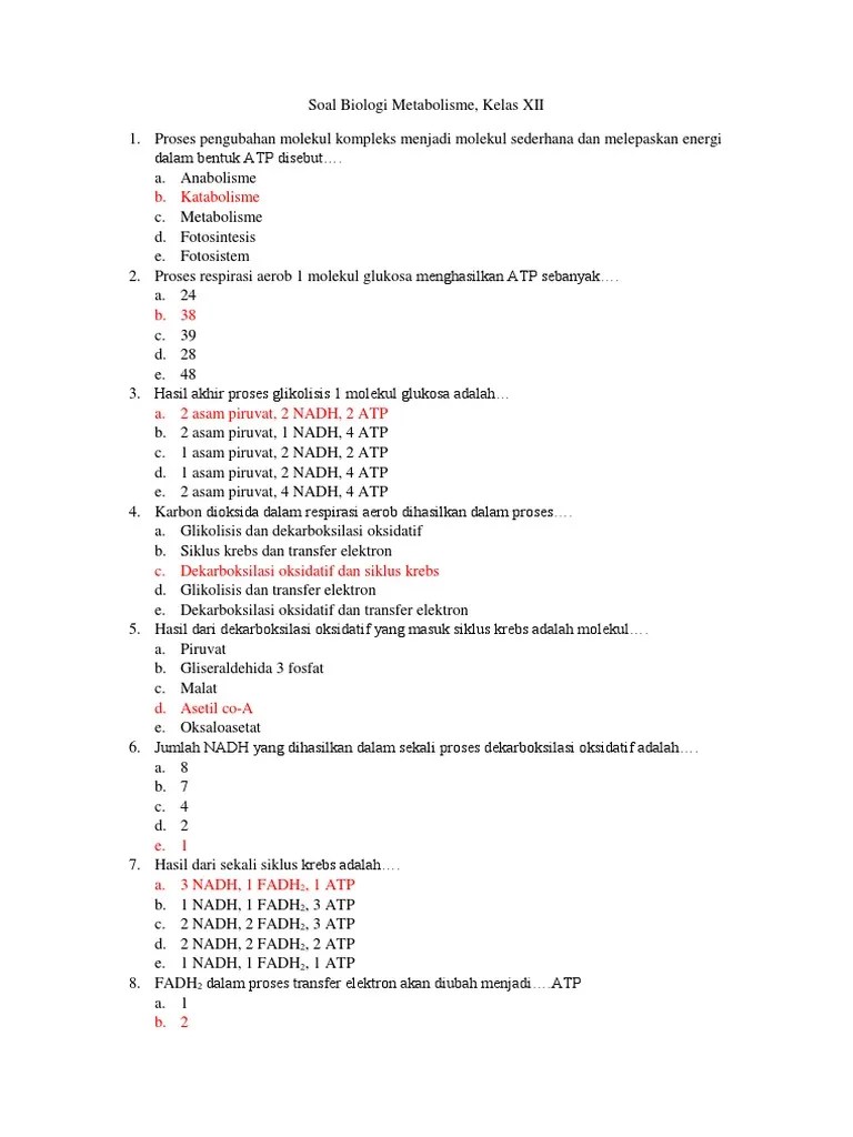 Soal Metabolisme, Kelas XII | PDF
