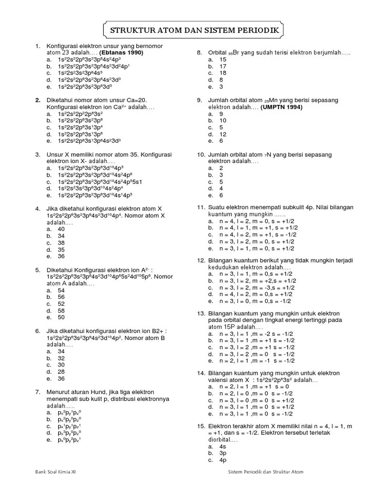 Konfigurasi Elektron Untuk Ca Dengan Nomor Atom 20 Adalah