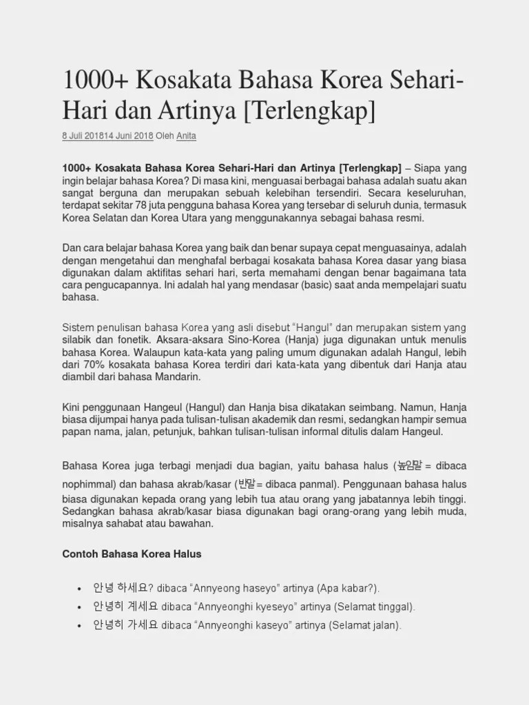 1000+ Kosakata Bahasa Korea Sehari-Hari Dan Artinya (Terlengkap) Sumber  Google | PDF