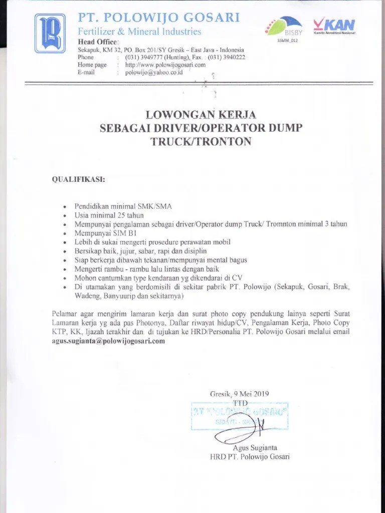 Contoh surat lamaran kerja driver dump truck : Lowongan Kerja Operator Dump Pdf