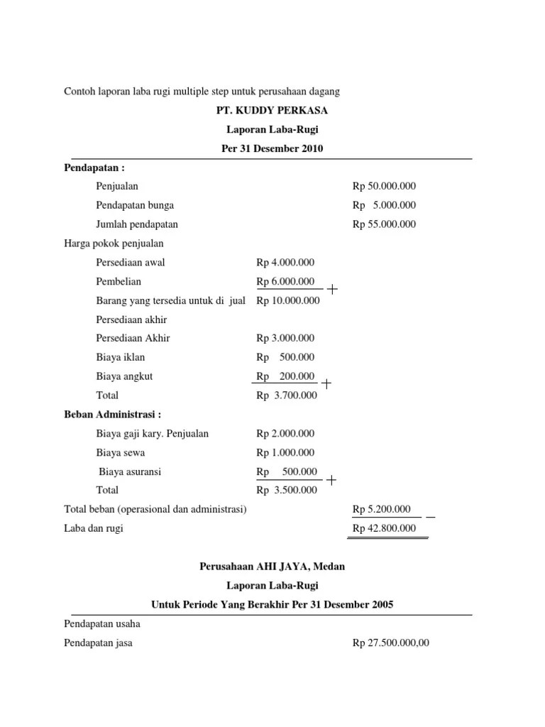 Contoh Soal Laporan Laba Rugi Multiple Step Perusahaan Dagang - Nusagates
