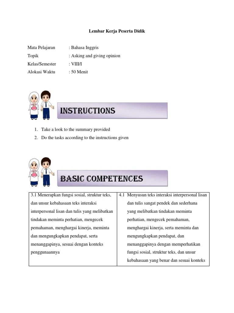 Bahasa inggris kelas 11 smasemester 1 chapter 2 opinion and thought,. Lkpd Asking And Giving Opinion Surya Nugraha Sandi