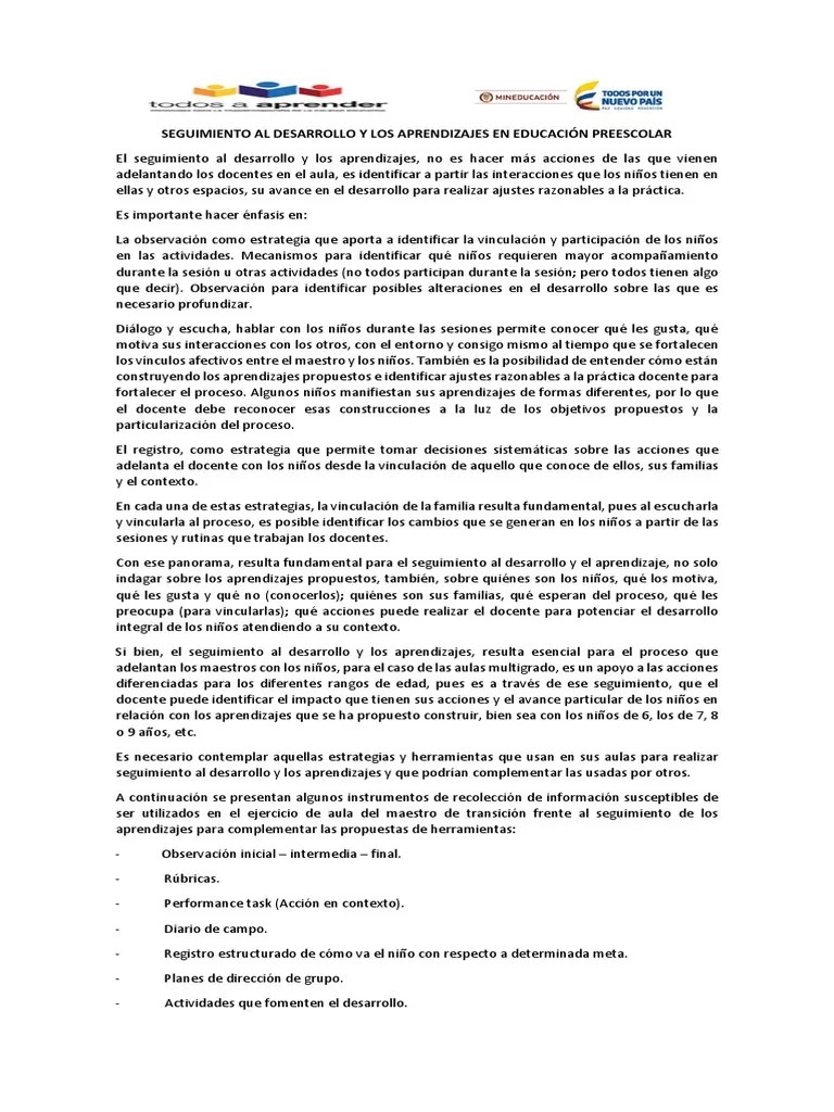 Esta ficha trata de potenciar la observación y la atención visulen los niños. Seguimiento Al Aprendizaje Preescolar Pdf Educacion De La Primera Infancia Salon De Clases