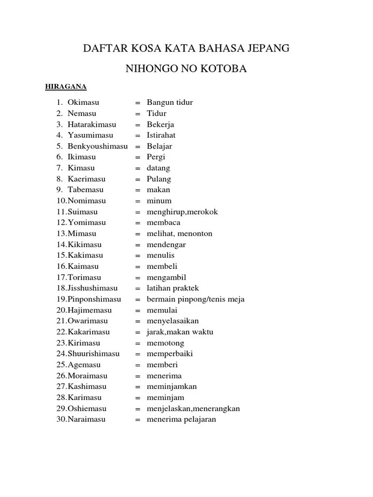 Daftar Kosa Kata Bahasa Jepang | PDF