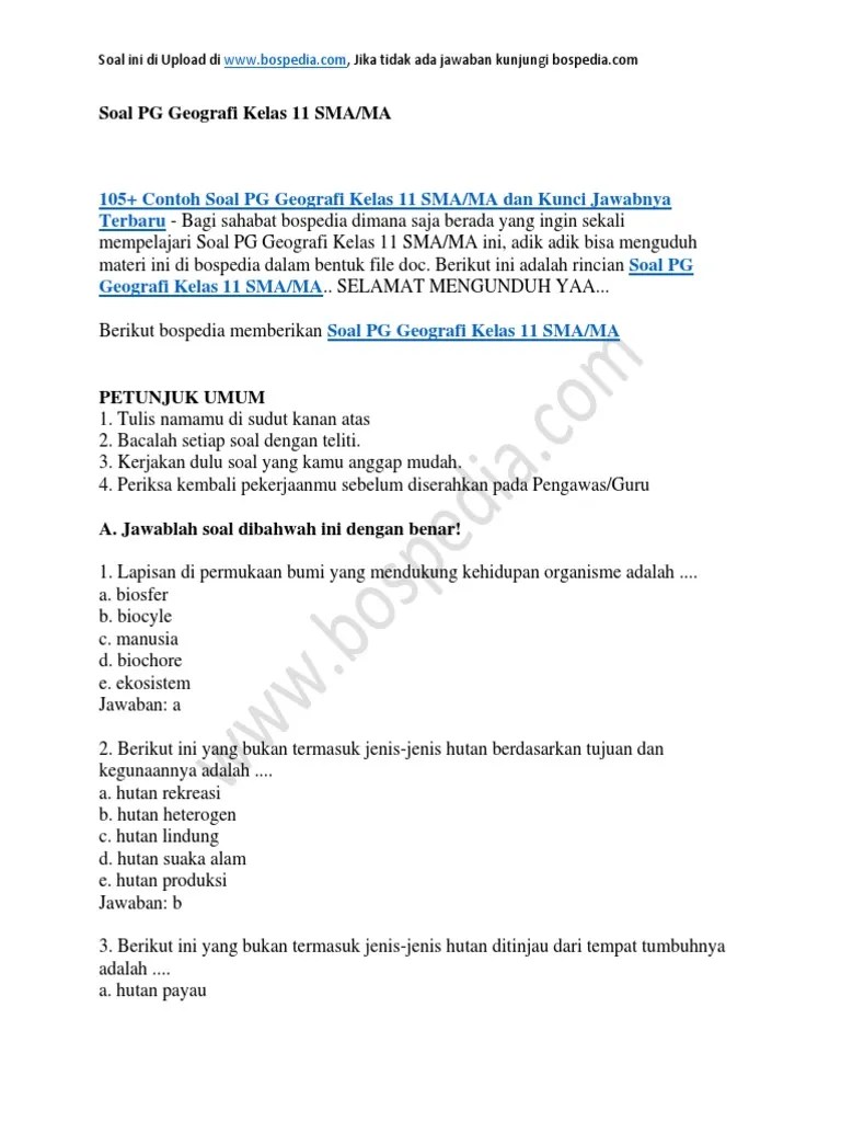 105 Contoh Soal PG Geografi Kelas 11 SMA MA Dan Kunci Jawabnya | PDF