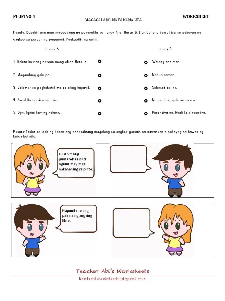 filipino 4 worksheet magagalang na pananalita