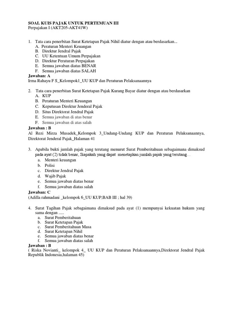 Kunci Jawaban Pilihan Ganda Perpajakan 1 Pertemuan Iii | PDF