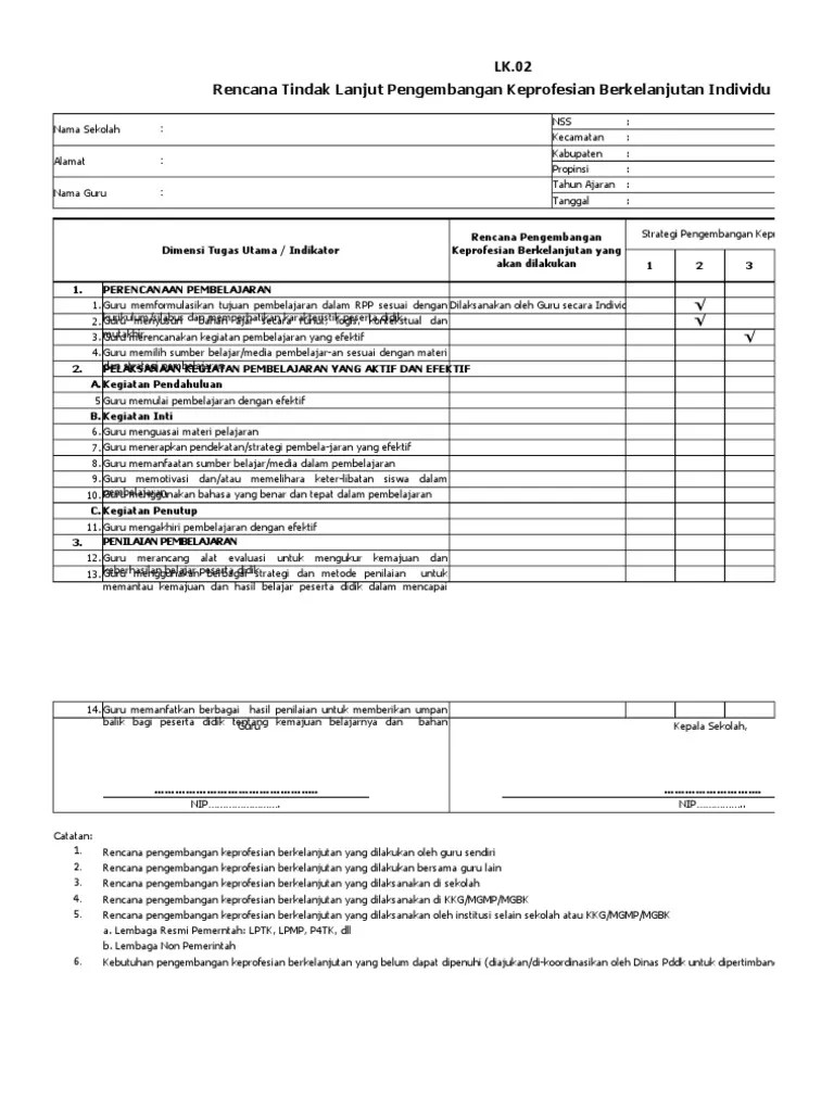 Pada kesempatan ini, saya akan bagikan contoh laporan pelaksanaan. Lk 02 Rencana Tindak Lanjut Pengembangan Keprofesian Berkelanjutan Individu Guru Pdf