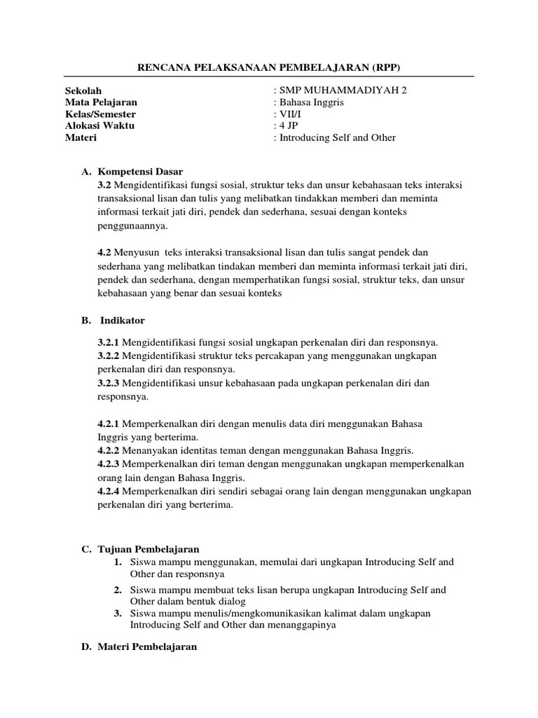 Seiring dengan itu, pembelajaran di kelas 7 perlu semakin mengukuhkan jati diri peserta didik indonesia sebagai warga bangsa yang mencerminkan . Rpp Introducing Self Pdf