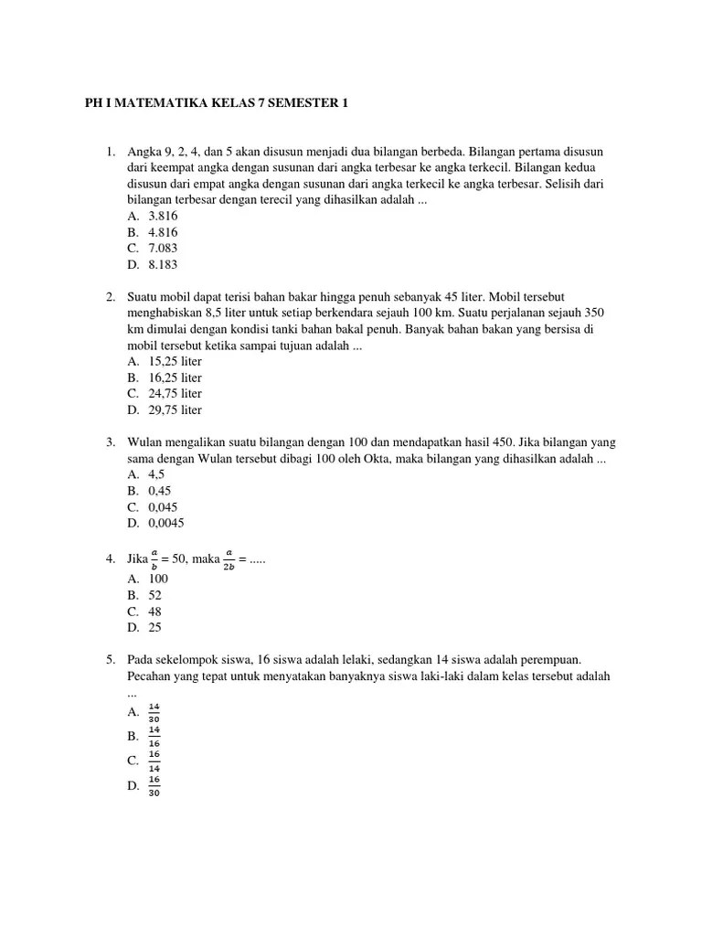 PH I Matematika Kelas 7 Semester 1 | PDF