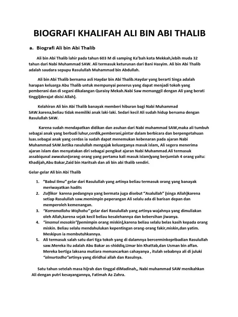 Biografi Khalifah Ali Bin Abi Thalib | PDF
