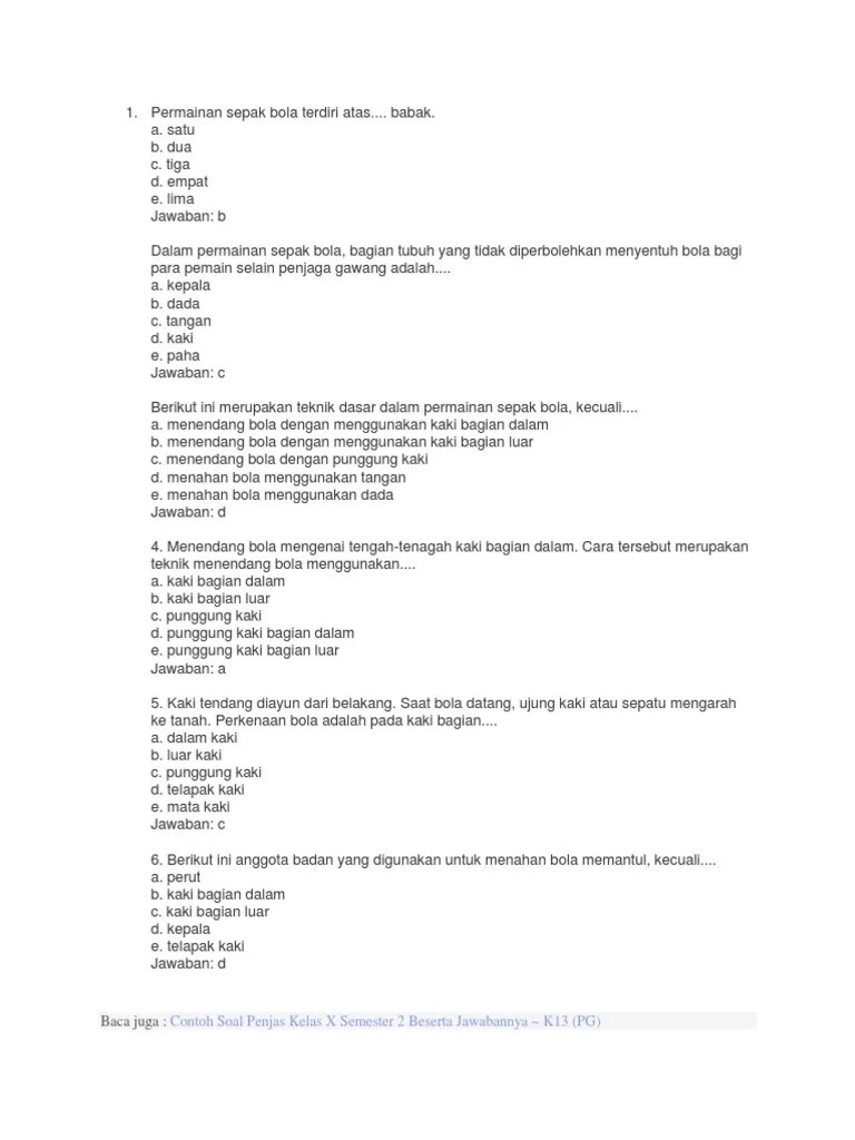 Contoh Soal Penjas Kelas X Semester 2 Beserta Jawabannya K13 (PG) | PDF
