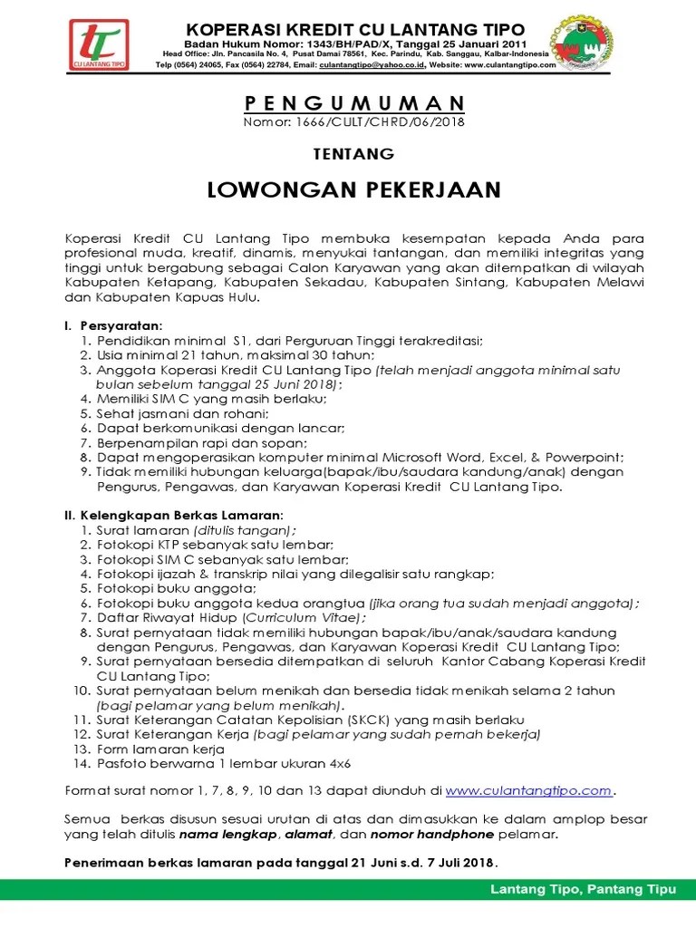 Lamaran ditulis tangan dan ditujukan kepada panitia penerimaan staf di. Pengumuman Lowongan Karyawan 2018 Pdf