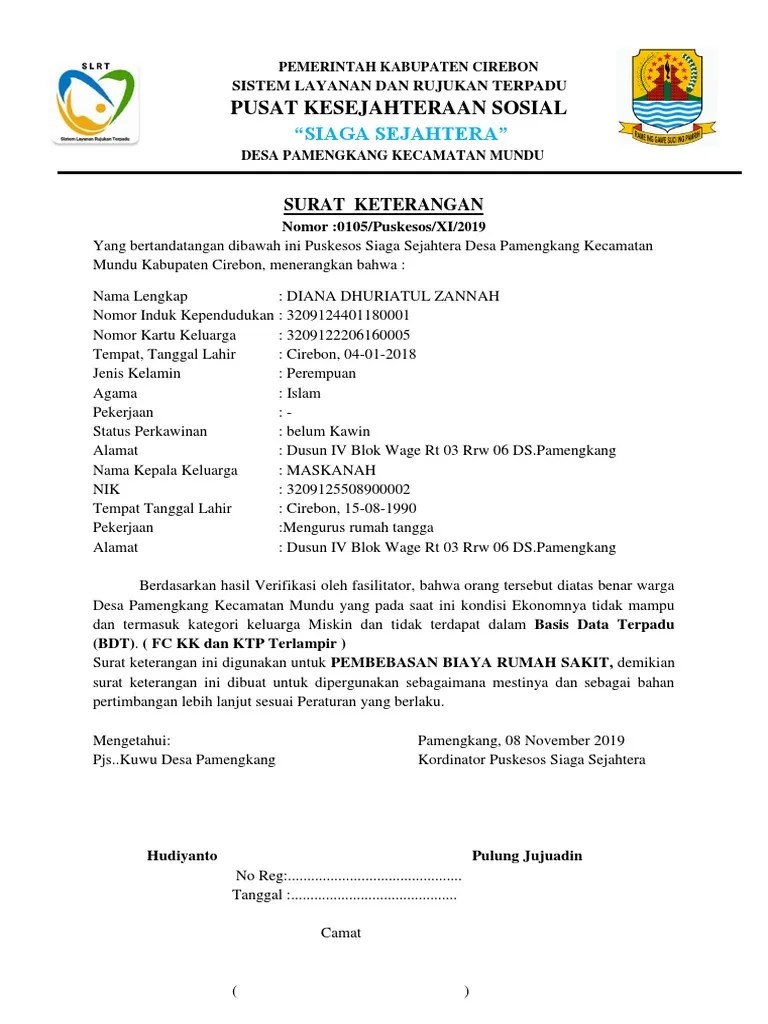 Surat keterangan tidak mampu ( sktm) dari desa mengetahui camatsurat permohonan kepada ibu bupati ditanda tangani oleh pemohon dan kepala . Surat Pengantar Puskesos Pdf
