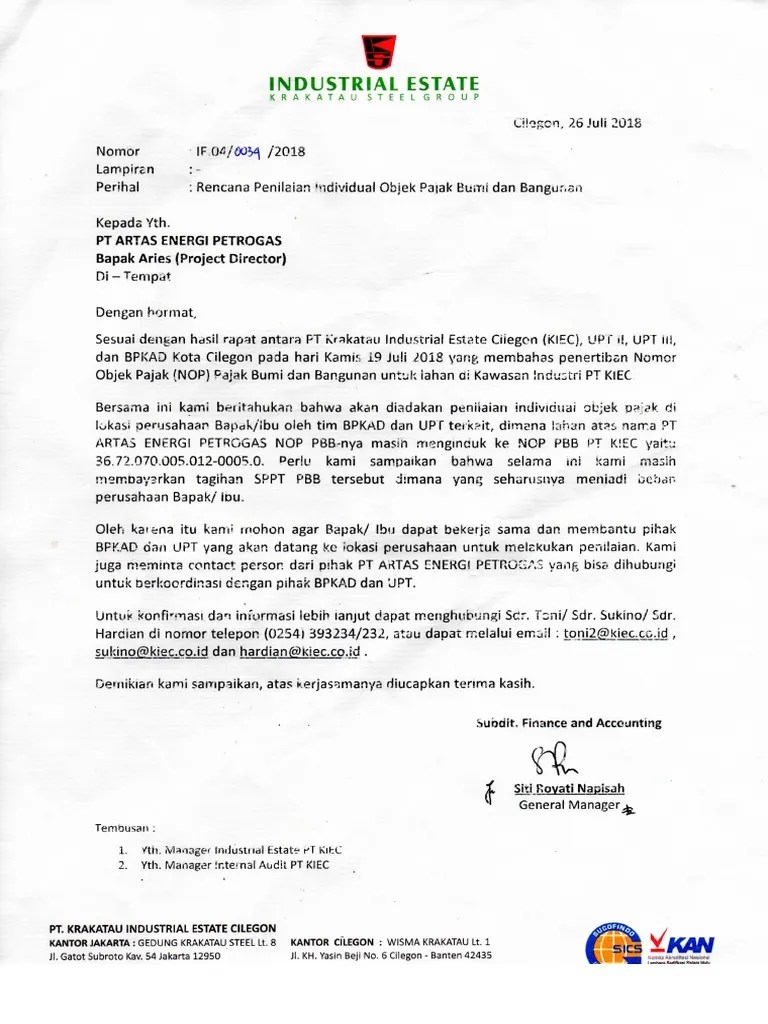 Surat (KIEC) Rencana Penilaian Individual Objek Pajak Bumi Dan Bangunan |  PDF