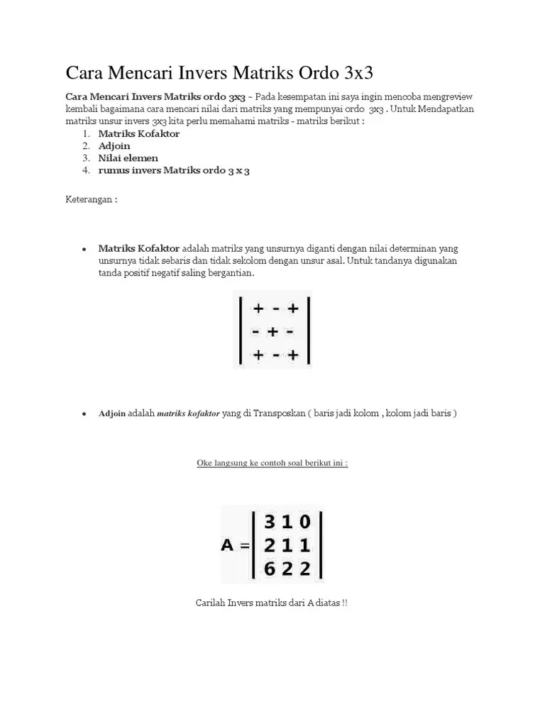 Cara Mencari Invers Matriks Ordo 3x3 | PDF