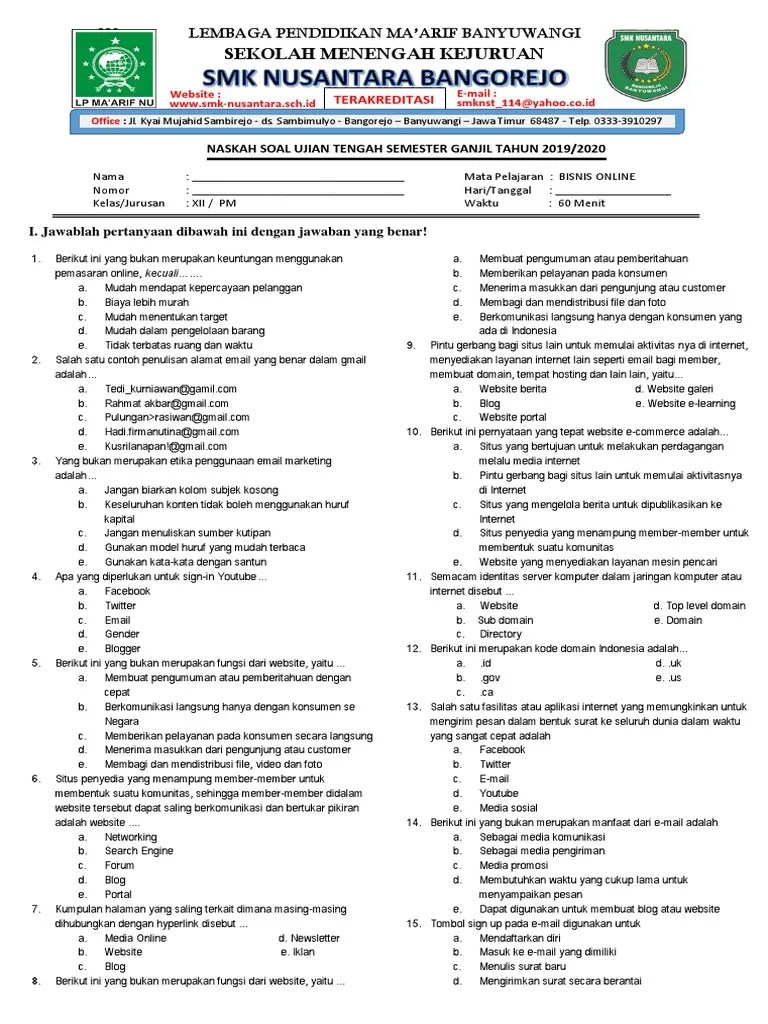 Kumpulan soal uts smama x xi xii 20172018 semester 1 dan 2. Soal Mata Pelajaran Bisnis Online Kelas Xii Smk Pdf