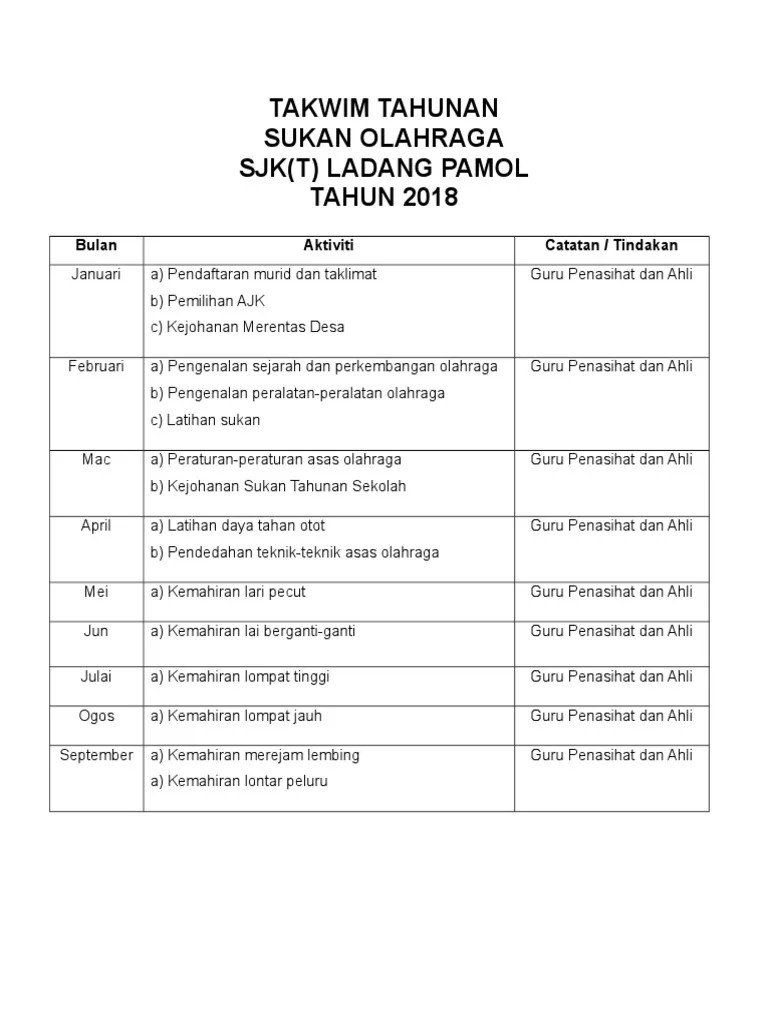Contoh takwim aktiviti sekolah 2020 yang boleh digunakan untuk diubahsuai untuk mengikut kesesuaian perancangan pihak sekolah. Takwim Tahunan Sukan Olahraga Stlp 2018 Pdf