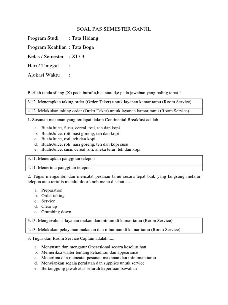 Soal Pas Semester Ganjil Tata Hidang Xi Boga Ibu Yana | PDF