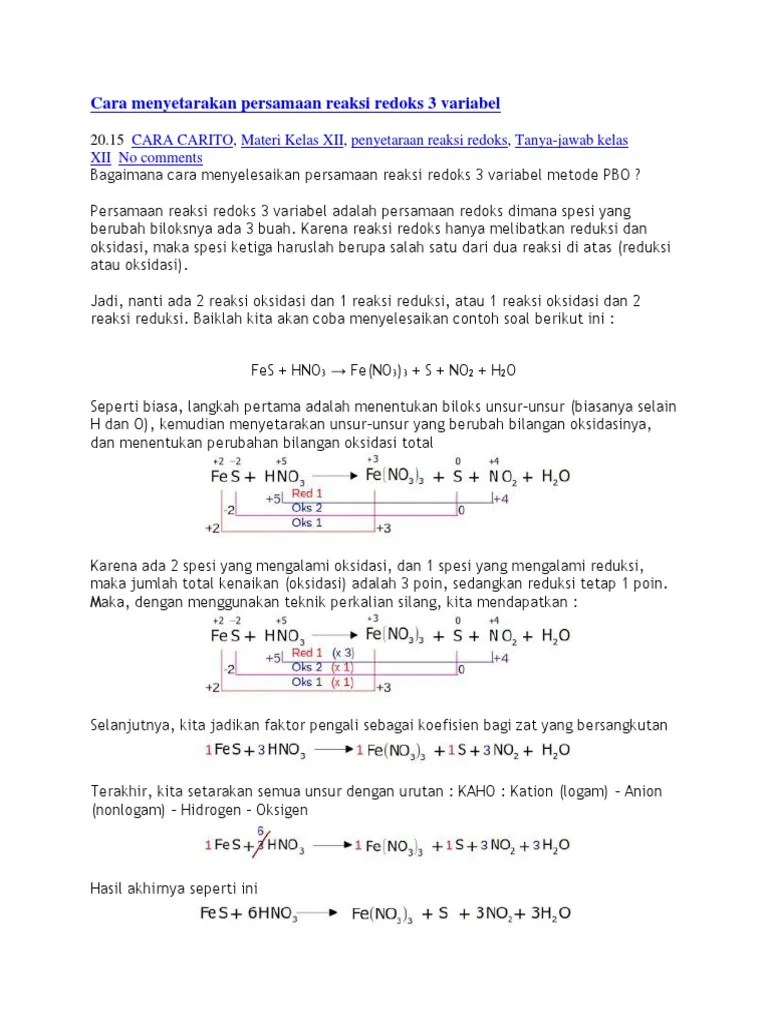 Cara Menyetarakan Persamaan Reaksi Redoks 3 Variabel | PDF