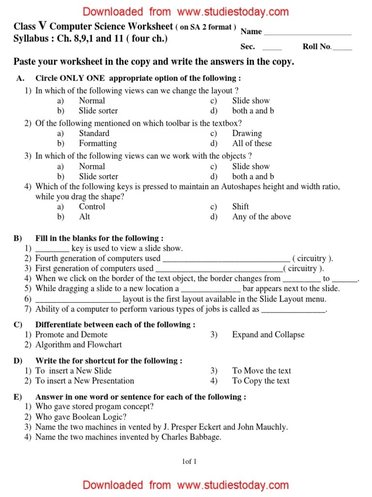 cbse class 5 computer worksheet pdf algorithms computing