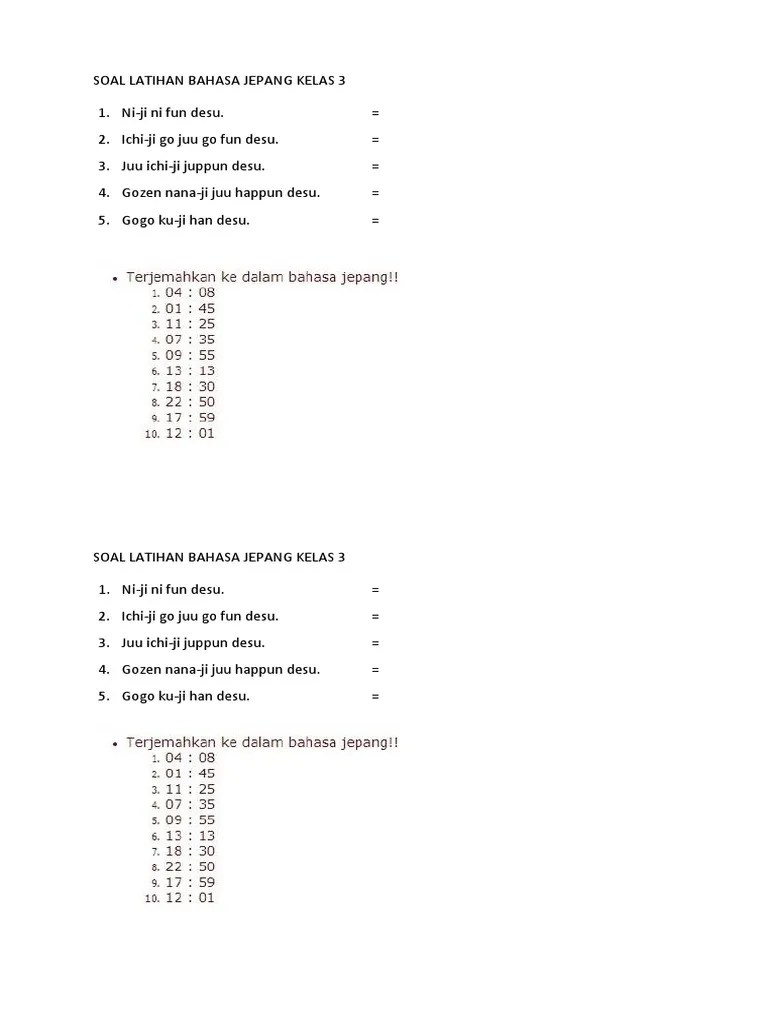 SOAL LATIHAN BAHASA JEPANG KELAS 3 TTG JAM | PDF