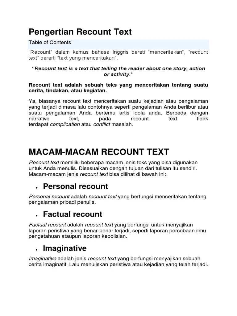 Lengkap dengan contoh soal dan strategi menjawabnya. Pengertian Recount Text Pdf