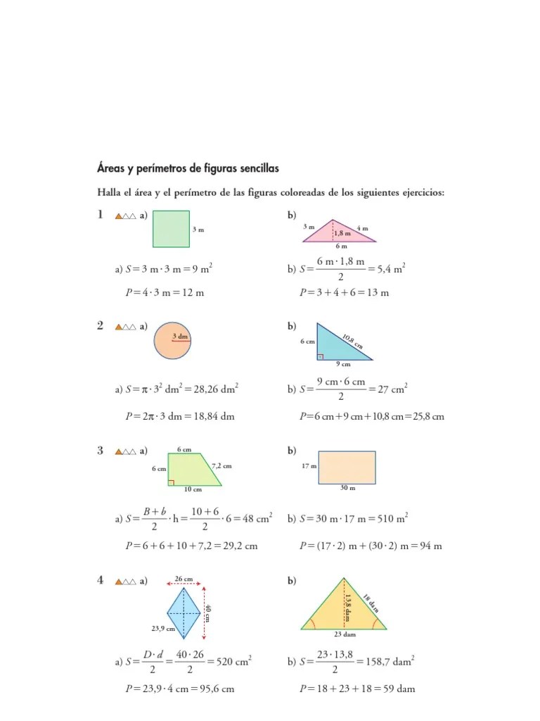 Halla el área y el perímetro de las figuras coloreadas de los siguientes ejercicios: Matematicas Resueltos Soluciones Areas Y Perimetros 1Âº Eso Pdf Rectangulo Triangulo