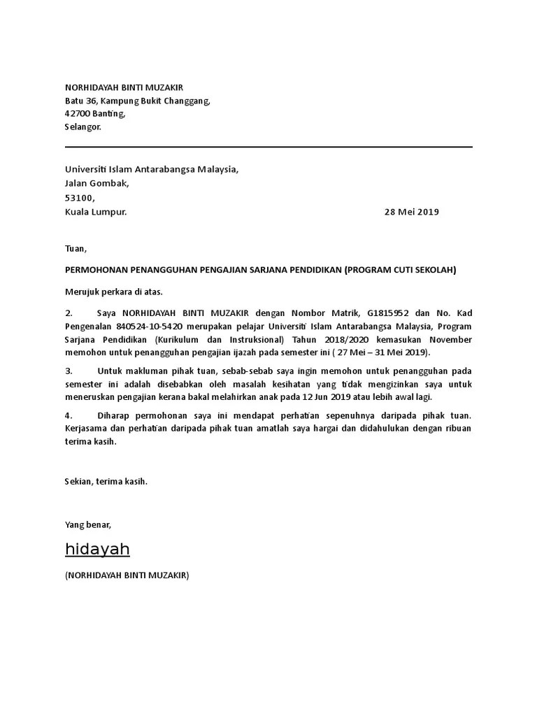 Contoh surat rasmi rayuan penangguhan bayaran yuran semester. Surat Penangguhan Semester Pengajian Pdf