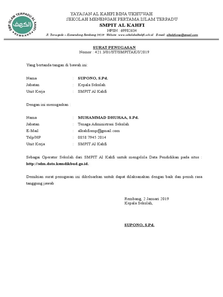 Contoh sk pembagian tugas guru sk kbm wahyu setiyono. Surat Tugas Operator Sekolah