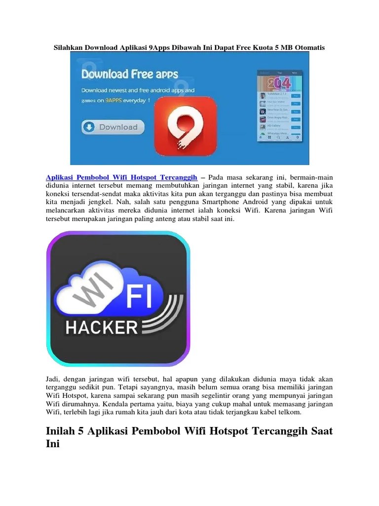 Silahkan Download Aplikasi 9apps Dibawah Ini Dapat Free Kuota 5 MB Otomatis  | PDF