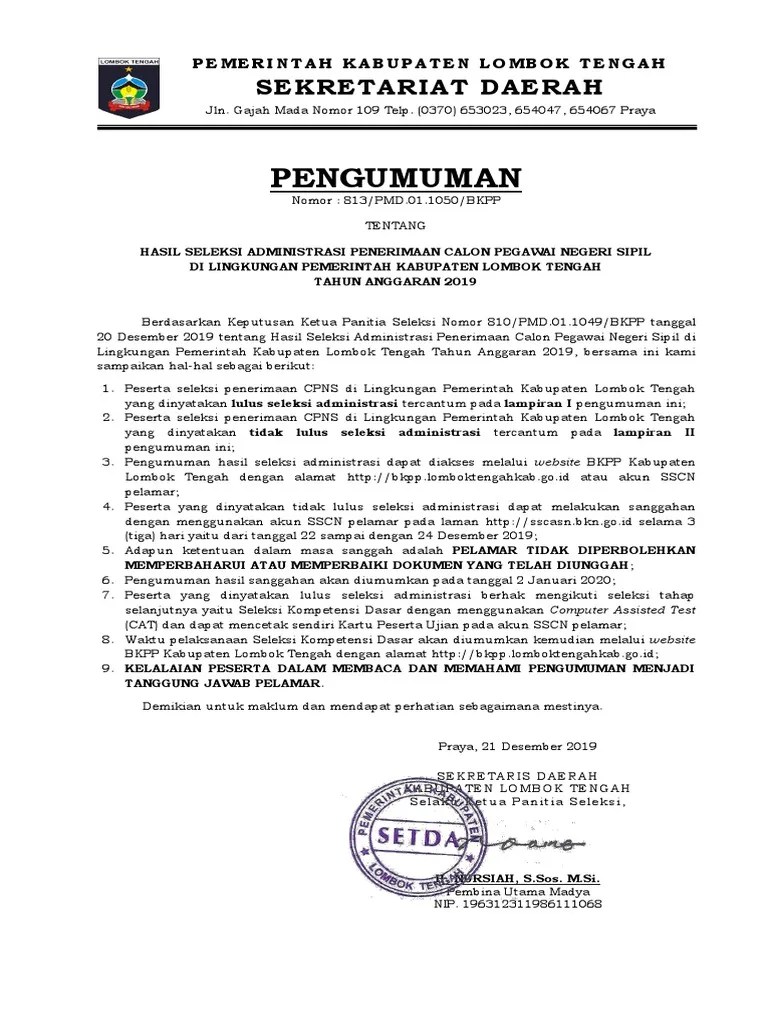 Pengumuman Hasil Administrasi Lombok Tengah | PDF