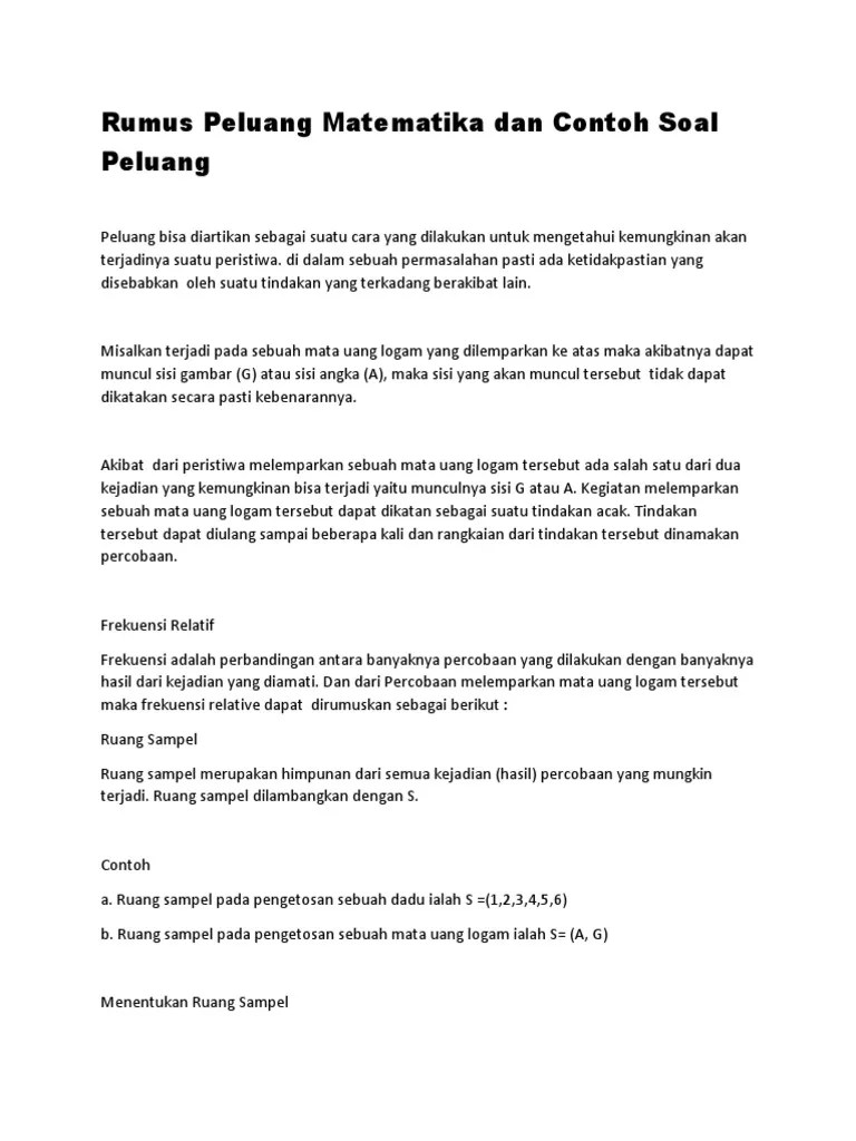 Rumus yang dipakai ialah : Rumus Peluang Matematika Dan Contoh Soal Peluang Pdf