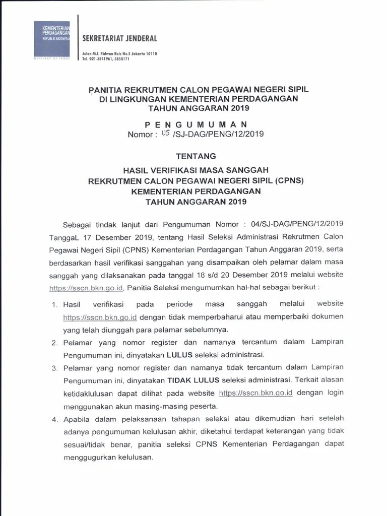 Jadwal dan lokasi tes skd cpns kementerian perdagangan 2021. Hasil Pengumuman Hasil Sanggah Cpns19 Pdf