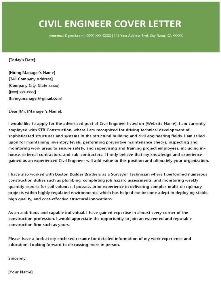 You may not be able to verbalize exactly what you like a. Civil Engineer Cover Letter 2018 Green Pdf