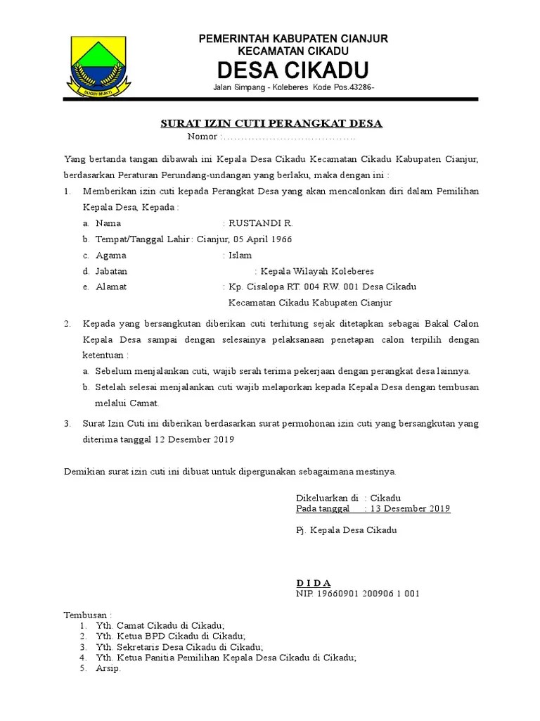 Salinan/fotokopi surat permohonan izin cuti kepada . Surat Izin Cuti Perangkat Desa Dari Pj Kepala Desa Pdf