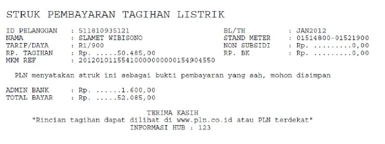 Rincian perhitungan token/pulsa listrik prabayar | . Contoh Struk Pembayaran Tagihan Pln Pdf