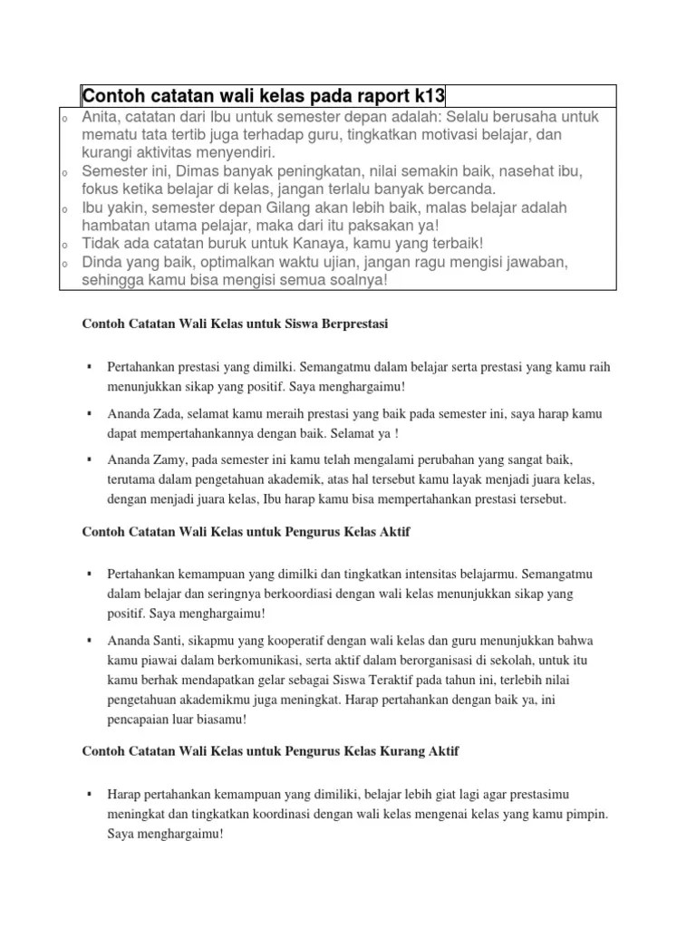 contoh pengisian dalam menulis kesimpulan raport paud tk kb tpa ra sps lengkap. Contoh Catatan Wali Kelas Pada Raport K13